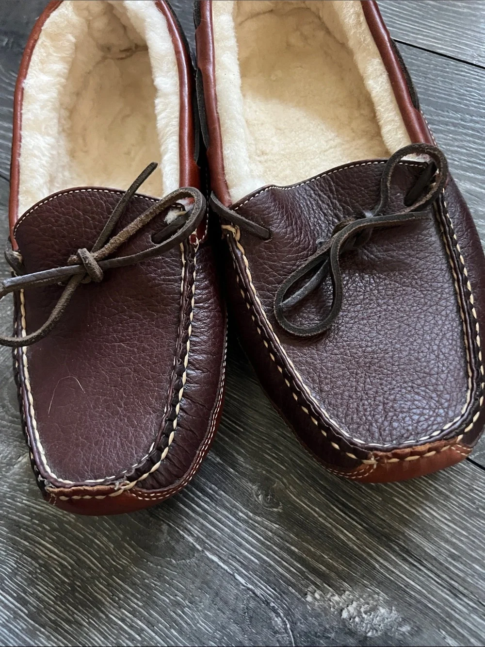 L.L. Bean Brown Leather Shearling-Lined Moccasin Slippers